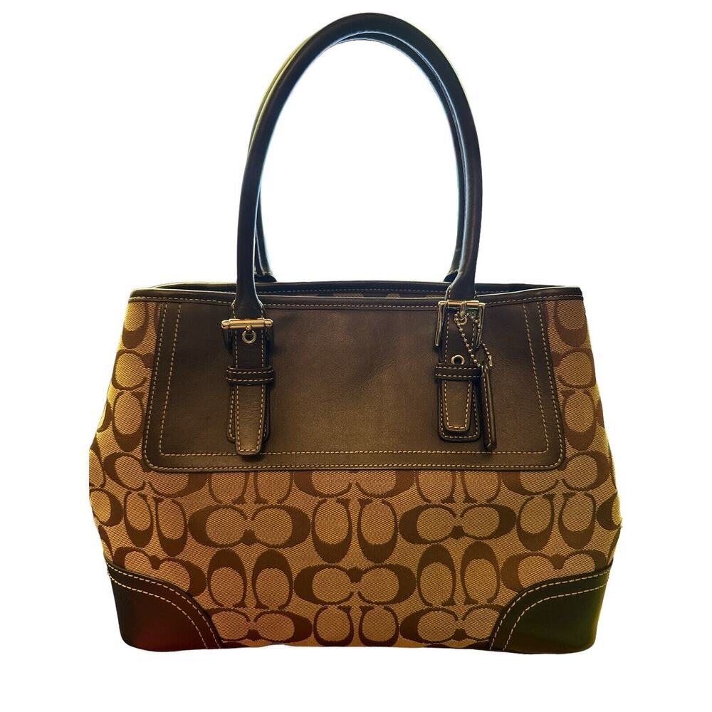 Coach Dark Brown/Beige Signature Canvas and Leather Hampton Tote. ECU + Dust Bag